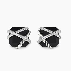 David Yurman Cable Wrap Stud Earrings Sterling Silver with Black Onyx + Diamonds